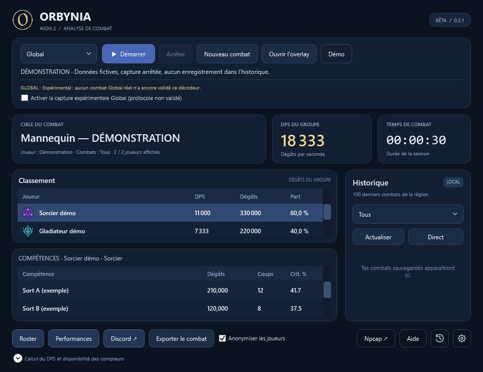 Orbynia DPS Meter : classement et compétences en mode démonstration